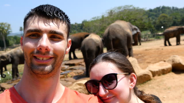 Junge-lächelnde-paar-tun-Selfie-Foto-mit-Elefanten-in-einer-Umgebung-des-Reservats-in-Sri-Lanka