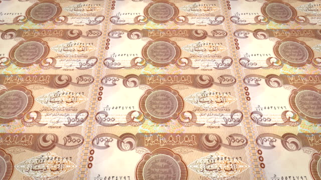 Lazo-del-balanceo,-dinero-en-efectivo,-en-billetes-de-1-mil-dinares-Irak