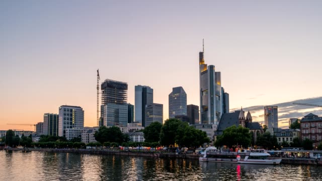 Frankfurt-city-skyline-day-to-night-sunset-timelapse,-Frankfurt,-Germany,-4K-Time-lapse