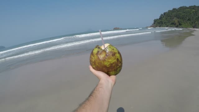 Men-walking-and-holding-a-coconut-in-Brazilian-Beach