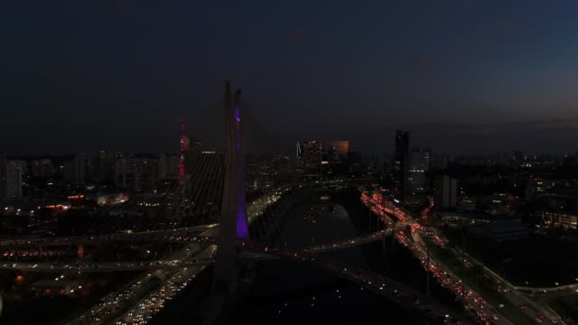 Aerial-View-of-Marginal-Pinheiros-and-Estaiada-Bridge-at-night-in-Sao-Paulo,-Brazil