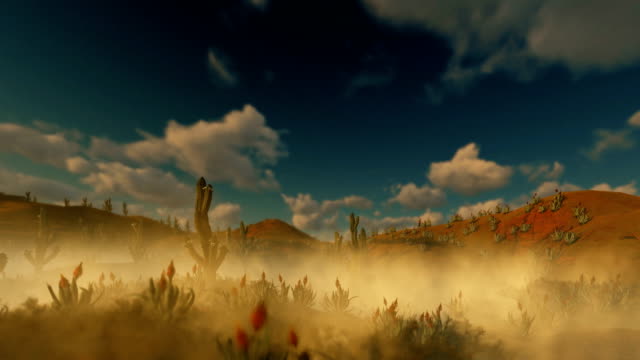Mujer-que-corre-en-el-desierto-con-Cactus-Saguaro-y-el-polvo-que-sopla-en-el-viento,-4K