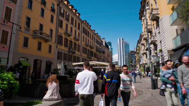 Italy-milan-city-sunny-day-famous-pedestrian-street-panorama-4k-timelapse