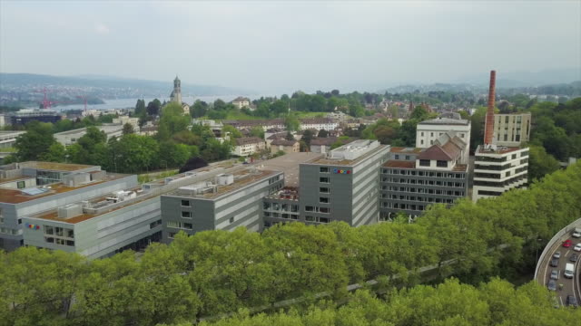 Suiza-soleado-zurich-ciudad-hospital-aéreo-panorama-4k