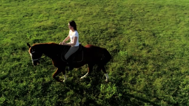 Una-mujer-joven-cabalga-un-caballo-marrón,-vista-aérea,-cámara-lenta,-objeto-que-se-mueve-lejos-de-la-cámara