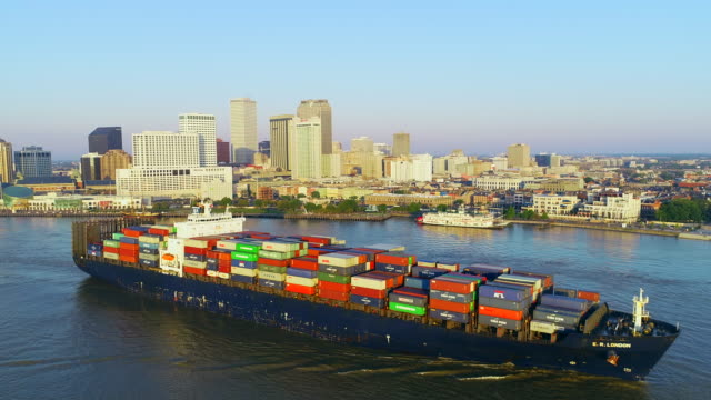 Freighter-ship-New-Orleans-aerial-skyline-cityscape