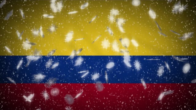 Colombia-flag-falling-snow-loopable,-New-Year-and-Christmas-background,-loop