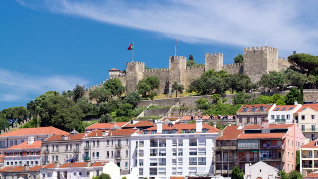 Lissabon-Festung-von-Saint-George-Ausblick,-Portugal-Castelo-de-São-Jorge,-timelapse