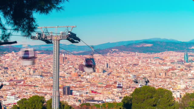 Barcelona-Stadt-Sonne-Licht-Montjuic-Aufzug-–-Panoramaaufnahme-4-k-Zeitraffer-Spanien