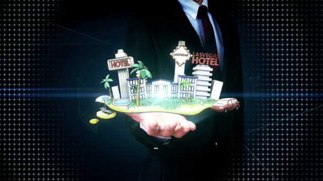 Businessman-open-palm,-Holiday-of-Lasvagas-hotel-icon,-casino,-tour.