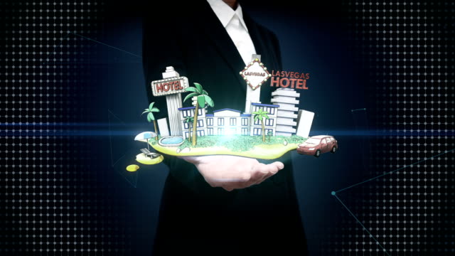 Businesswoman-open-palm,-Holiday-of-Lasvagas-hotel-icon,-casino,-tour.