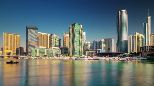 sunset-dubai-marina-yacht-dock-bay-panorama-4k-time-lapse-united-arab-emirates