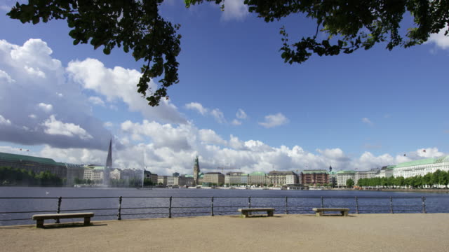 View-on-Stone-Bench-in-front-of-beautiful-Binnenalster-in-Hamburg-Germany