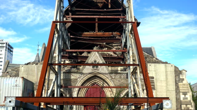 general-view-of-the-Cathedral-damaged-nave-with-the-steel-structure-preventing-the-rest-of-the-stone-body-from-a-new-collapse,-after-the-2011-earthquake.