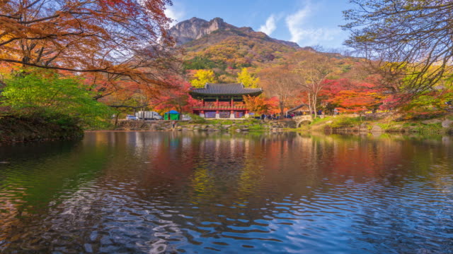Time-Lapse-Baekyangsa-Tempel-im-Herbst,-Naejangsan-Park-in-Korea.
