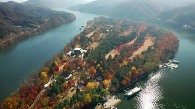 Autumn-aerial-view-of-Nami-Island,-South-Korea