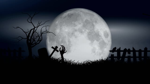 Halloween-Animation-Hexe-und-Fledermaus-fliegen-auf-dem-Friedhof