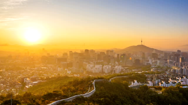 Time-Lapse-Sonnenaufgang-von-Seoul-City-Skyline,-Südkorea