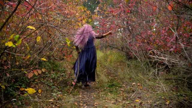 Bruja-joven-de-cabello-rosado-me-persigue-en-el-místico-bosque-de-otoño.-Halloween-está-llegando.