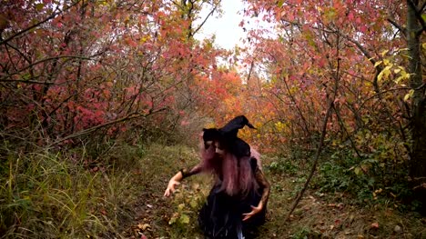 Jóvenes-rosa-pelo-bruja-en-reactivos-de-la-búsqueda-sombrero-en-el-místico-bosque-de-otoño.-Halloween-pronto.