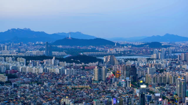 Ciudad-de-Seúl-de-día-a-noche,-lapso-de-tiempo-de-la-ciudad-de-Seúl-Skyline,-Corea-del-sur