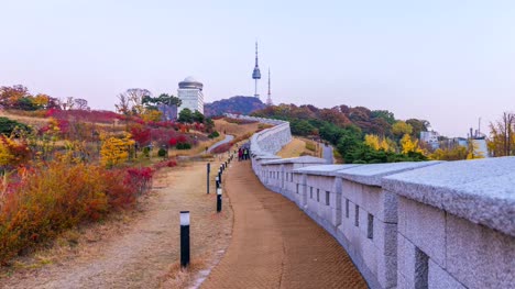 Tag-zur-Nacht-Zeitraffer-des-Herbstes-im-Stadtpark-Namsan-Seoul,-South-Korea