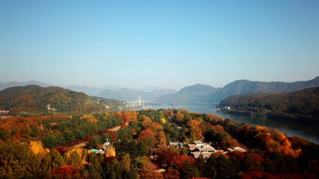 Aerial-view-autumn-of-Nami-island,Seoul,-South-Korea