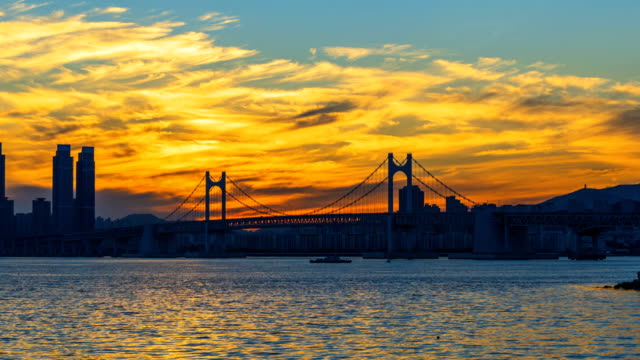Timelapse-of-Gwangan-Bridge-and-Haeundae-at-Sunset,-Busan-City,-South-Korea.Timelapse-4k