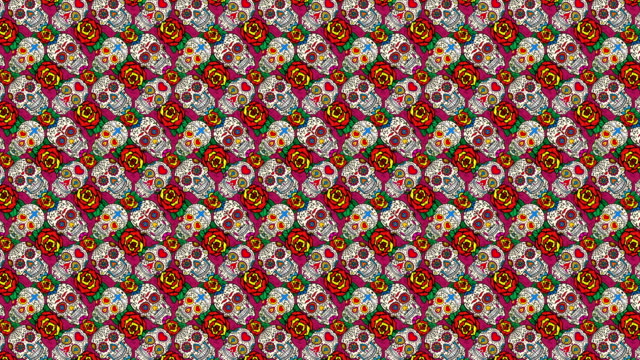 Animation-of-seamless-pattern-with-sugar-skulls.-Day-of-the-dead.-Dia-de-los-muertos