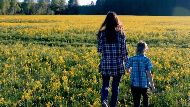 Mom-and-son-walk-on-the-field-of-yellow-flowers.-Back-view.