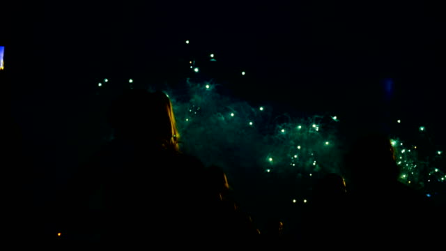 Silhouetten-von-einer-Menschenmenge-vor-dem-Hintergrund-der-bunten-Feuerwerk.-Das-Publikum-schaut-der-salute