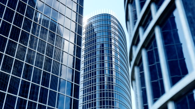 Rascacielos-con-cristal-azul,-alta-subida-edificios,-rascacielos,-concepto-de-negocio-de-la-arquitectura-industrial-exitosa.-Movimiento-hacia-arriba.-animación-en-3D
