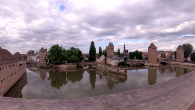 Panoramic-view-of-the-covered-bridges-from-the-Vauban-Dam.-Strasbourg.-France