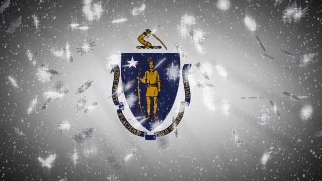 Bandera-de-Massachusetts-que-cae-nieve,-Año-Nuevo-y-fondo-de-Navidad,-bucle