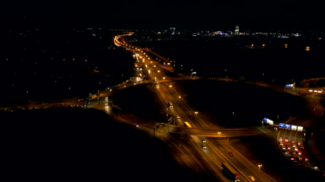 Aerial---Traffic-on-a-highway-at-night