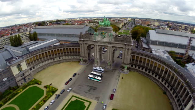 Tourist-attraction-Brussels-Belgium,-aerial-city-park-old-arcade.-Beautiful-aerial-shot-above-Europe,-culture-and-landscapes,-camera-pan-dolly-in-the-air.-Drone-flying-above-European-land.-Traveling-sightseeing,-tourist-views-of-Belgium.