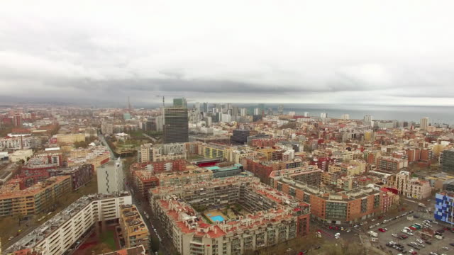 Barcelona-Hintergrundgeräusche-Skyline-Luftbild,-Blick-auf-den-Strand