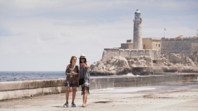 Turista-chicas-tomando-autofoto-con-teléfono-móvil-en-la-Habana-Cuba