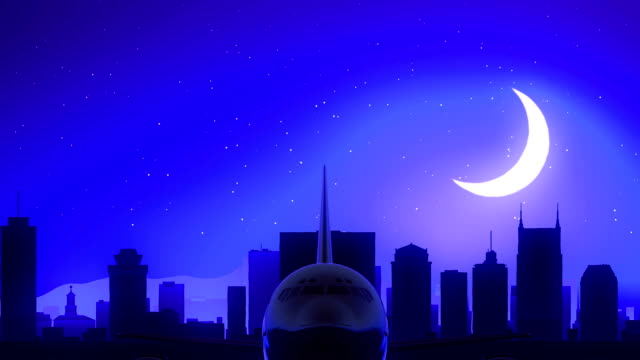 Nashville,-Tennessee-USA-Amerika-Flugzeug-abheben-Moon-Night-Blue-Skyline-Travel