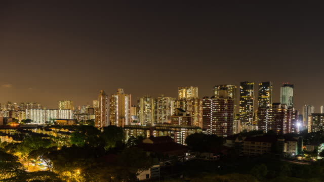 Blick-auf-die-Innenstadt-von-Singapur-Dämmerung,-Nacht-Szene-Zeitraffer