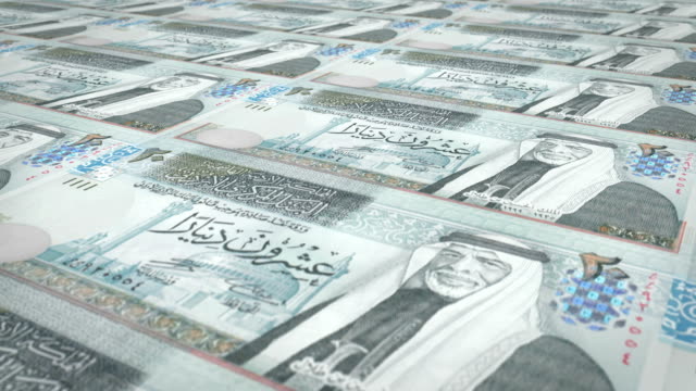 Banknoten-von-20-Jordanische-Dinar-von-Jordanien-Rollen,-Bargeld,-Schleife
