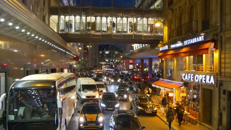france-night-illumination-paris-double-decker-bus-galeries-lafayette-crowded-traffic-street-panorama-4k