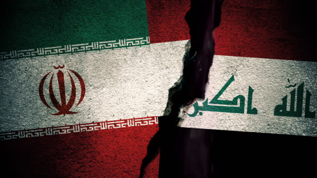 Iran-gegen-Irak-Fahnen-auf-rissige-Wand