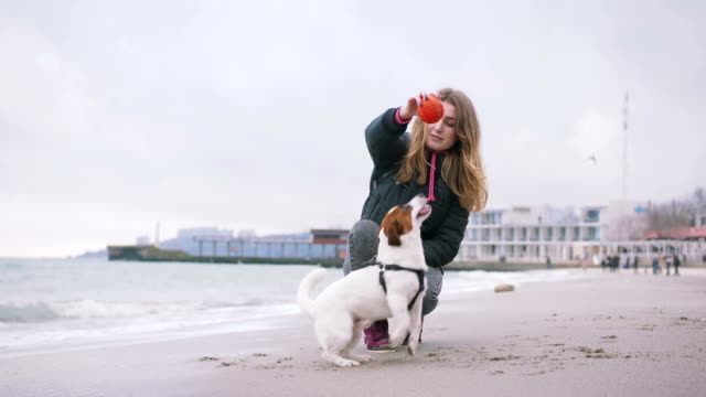 Young-woman-playing-with-dog-Jack-Russel-on-the-beach-near-the-sea,-slow-motion