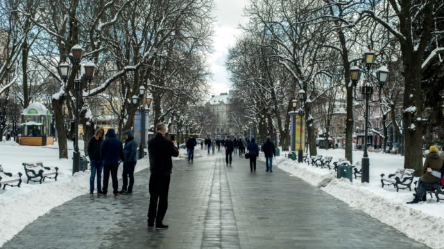 LVOV,-Ucrania---Timelapse-de-invierno-2018.-El-tiempo-frío-cubierto-de-nieve-en-la-vieja-ciudad-de-Lviv-en-Ucrania.-Personas-están-caminando-por-la-calle-en-el-centro-de-la-ciudad.