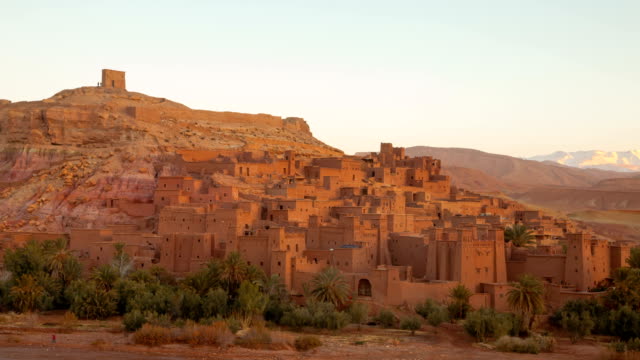 Old-castle-Kasbah-Ait-Ben-Haddou-sunrise-zoom-out--timelapse