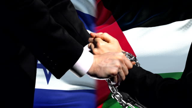Israel-sanctions-Palestine,-chained-arms,-political-or-economic-conflict,-ban