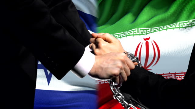 Israel-sanctions-Iran,-chained-arms,-political-or-economic-conflict,-trade-ban