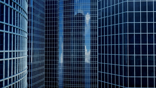 Wolkenkratzer-mit-blauem-Glas,-hohe-Aufstieg-Gebäude,-Wolkenkratzer,-Business-Konzept-der-erfolgreichen-industriellen-Architektur.-Aufwärtsbewegung.-3D-animation