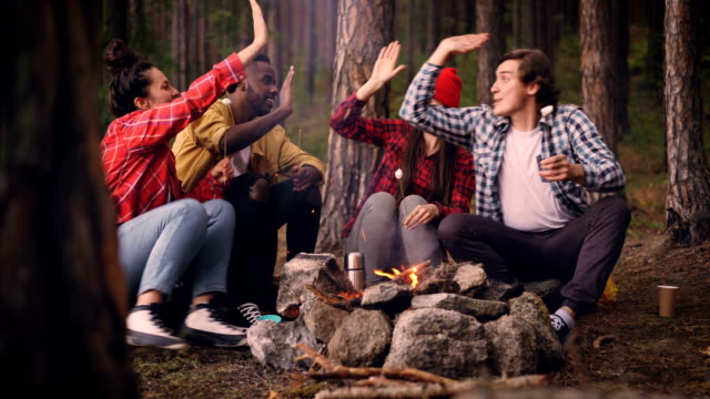Happy-male-and-female-friends-are-doing-high-five-and-eating-warm-marshmallow-on-campsite-sitting-around-fire-and-having-fun.-Food,-nature-and-youth-concept.